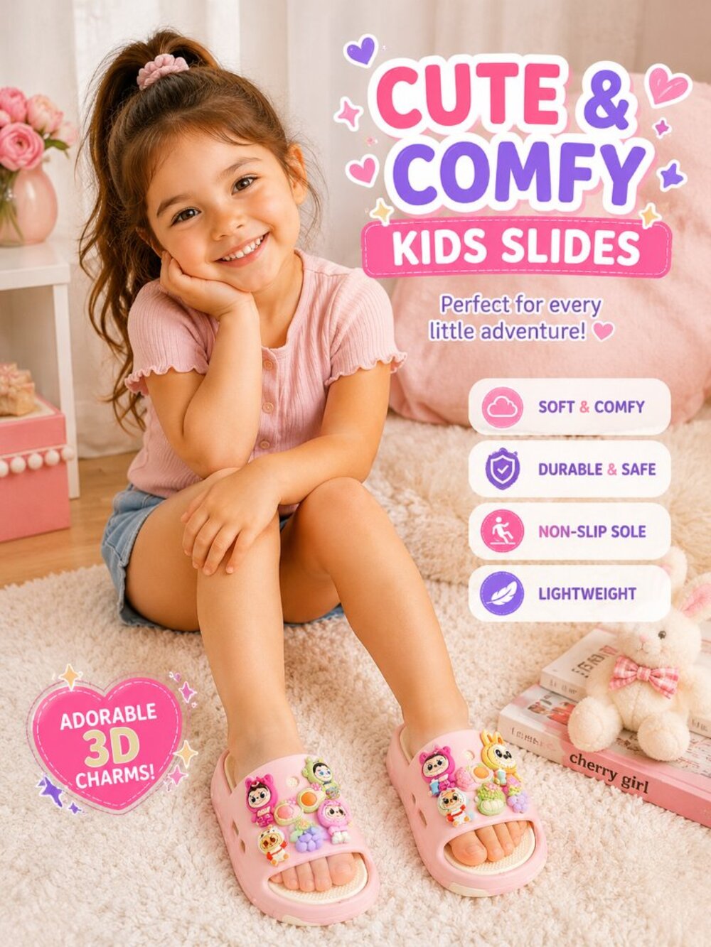 Cute Kids Cartoon Summer Slides Sandals | Kawaii Beach Slippers | Baby Pink
